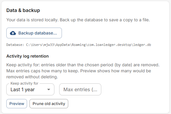LoanLedger Windows — Settings (Data backup)