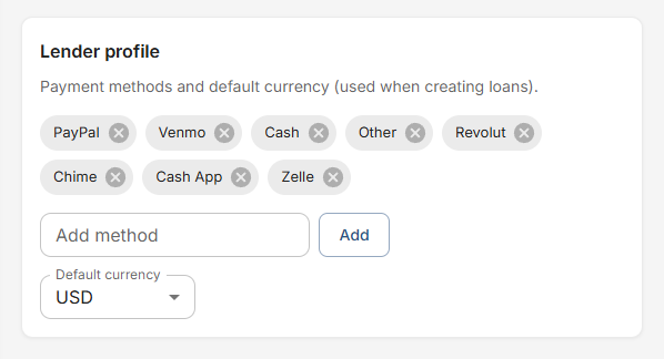 LoanLedger Windows — Settings (Lender profile)